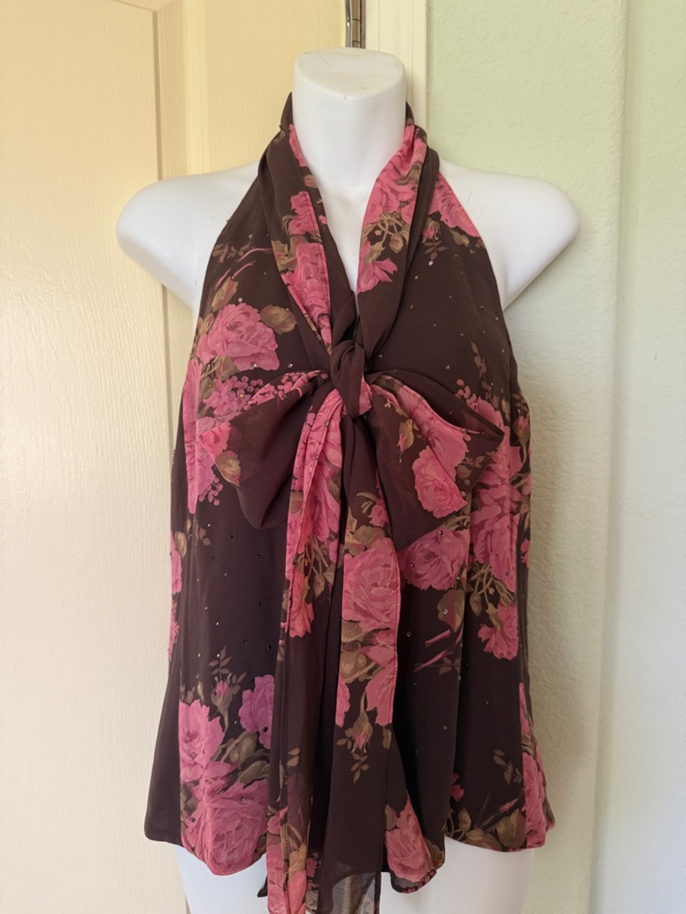 Festive 100% silk flowered top with sparkling beads attached scarf and open back